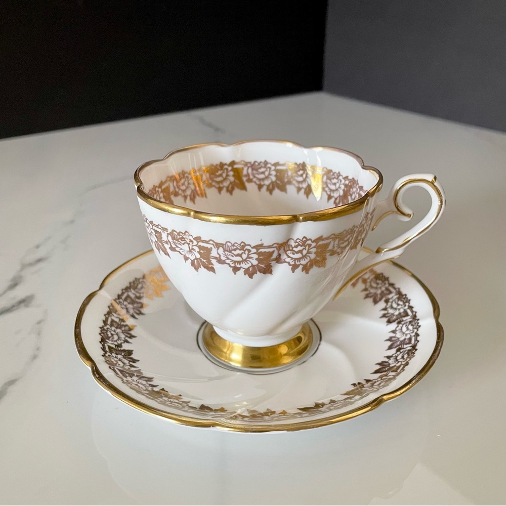 White & Gold Cup & Saucer by Royal Stafford